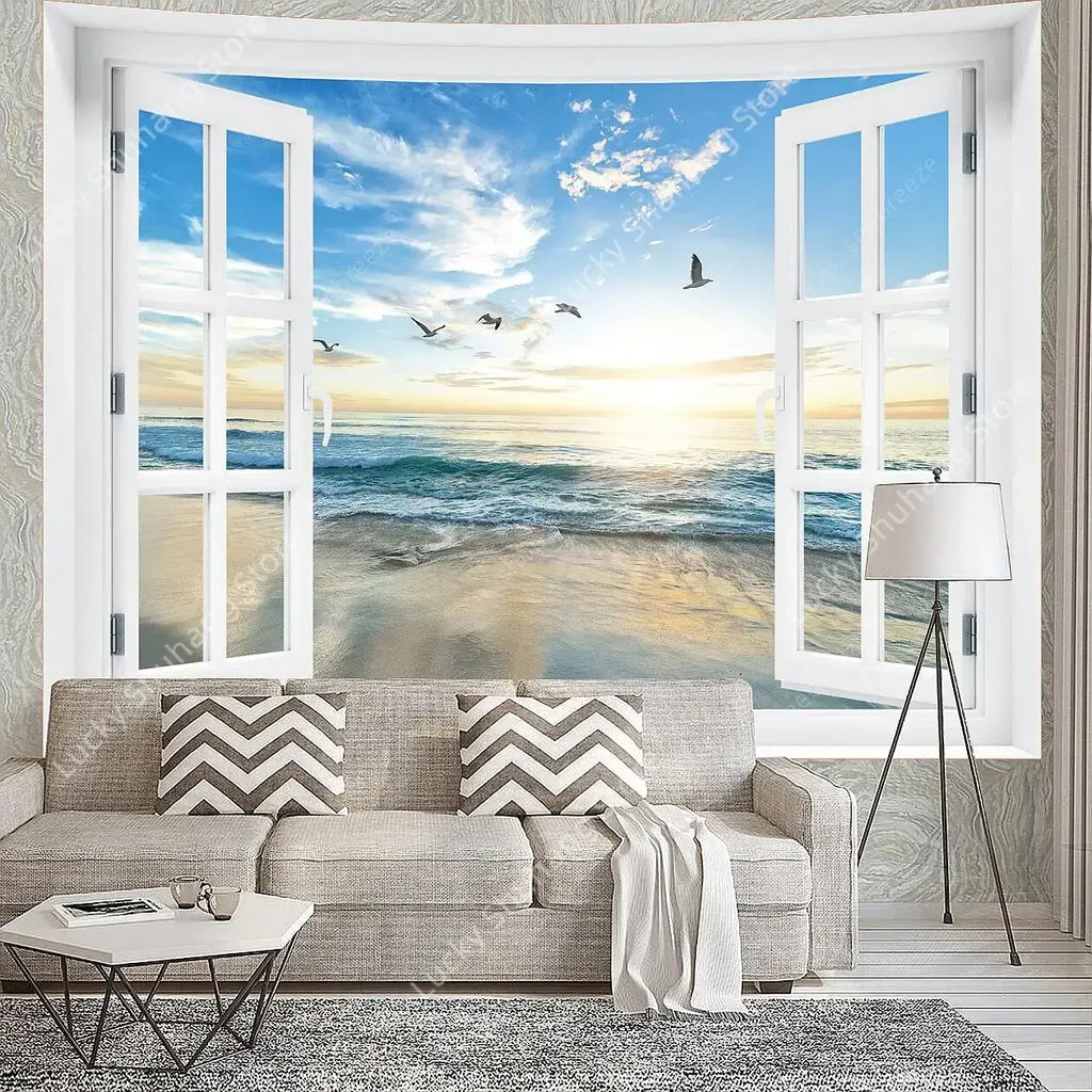 3D Beach Window Tapestry Wall Art Decor