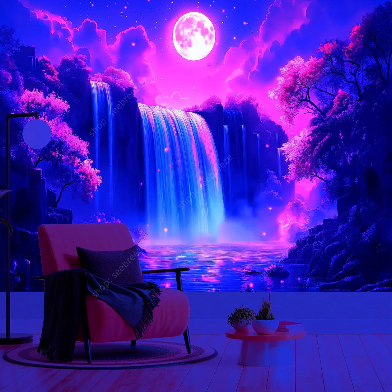 Moon Waterfall Tapestry: Ethereal Night Wall Art Decor