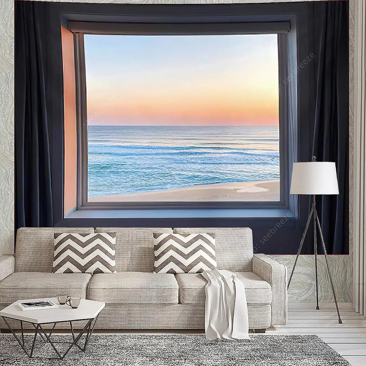 3D Beach Window Tapestry Wall Art Decor