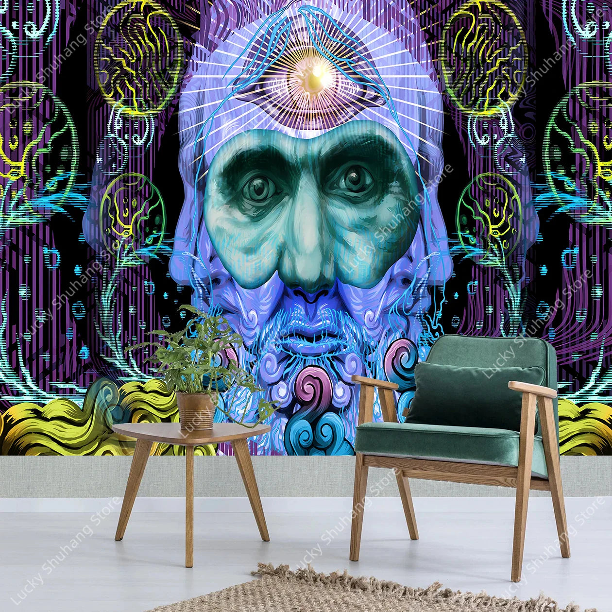 Bohemian Wool Tapestry: Neon Floral Swirl Wall Art