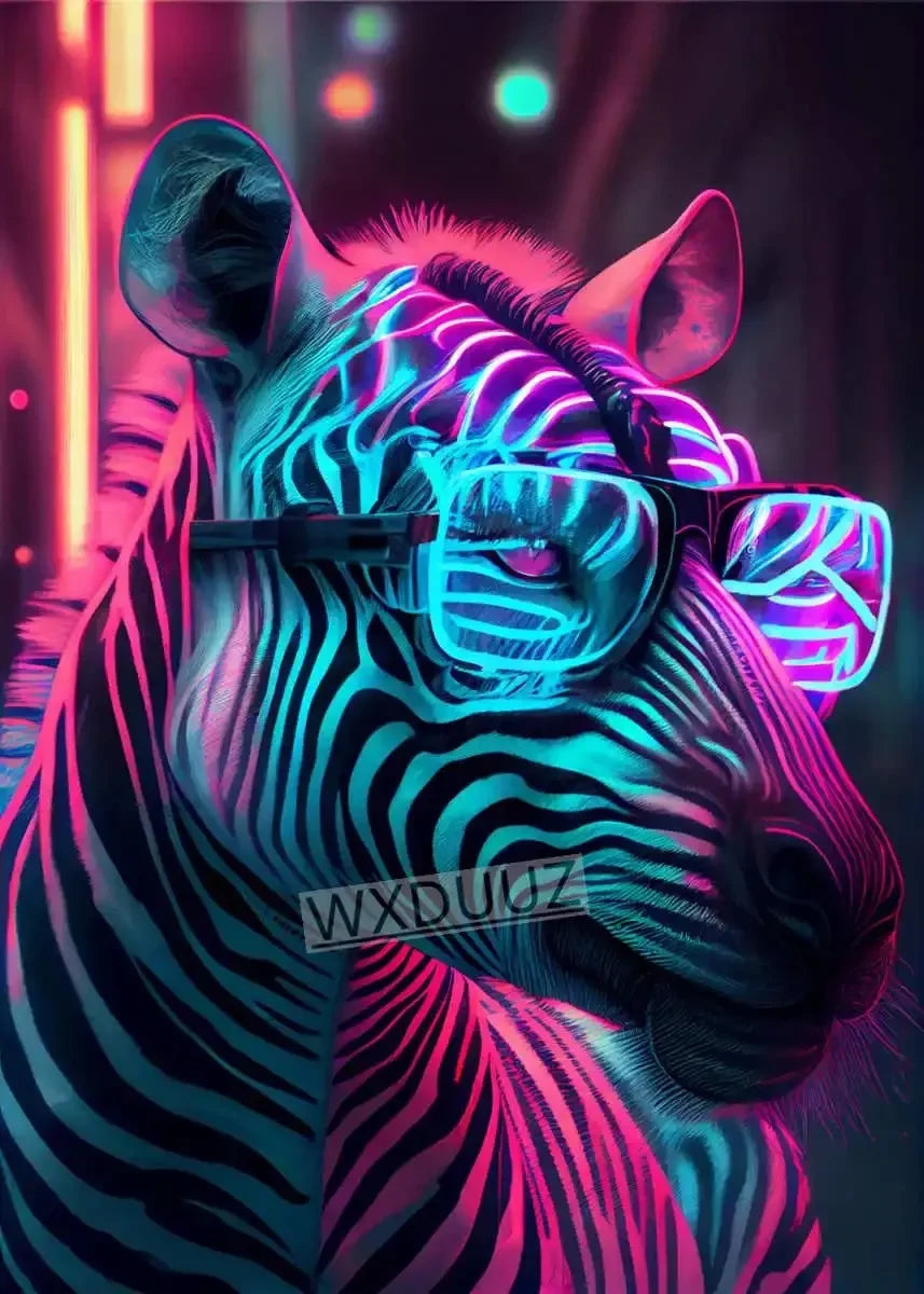Neon Punk Animal Poster: Lion Tiger Panda Canvas Art
