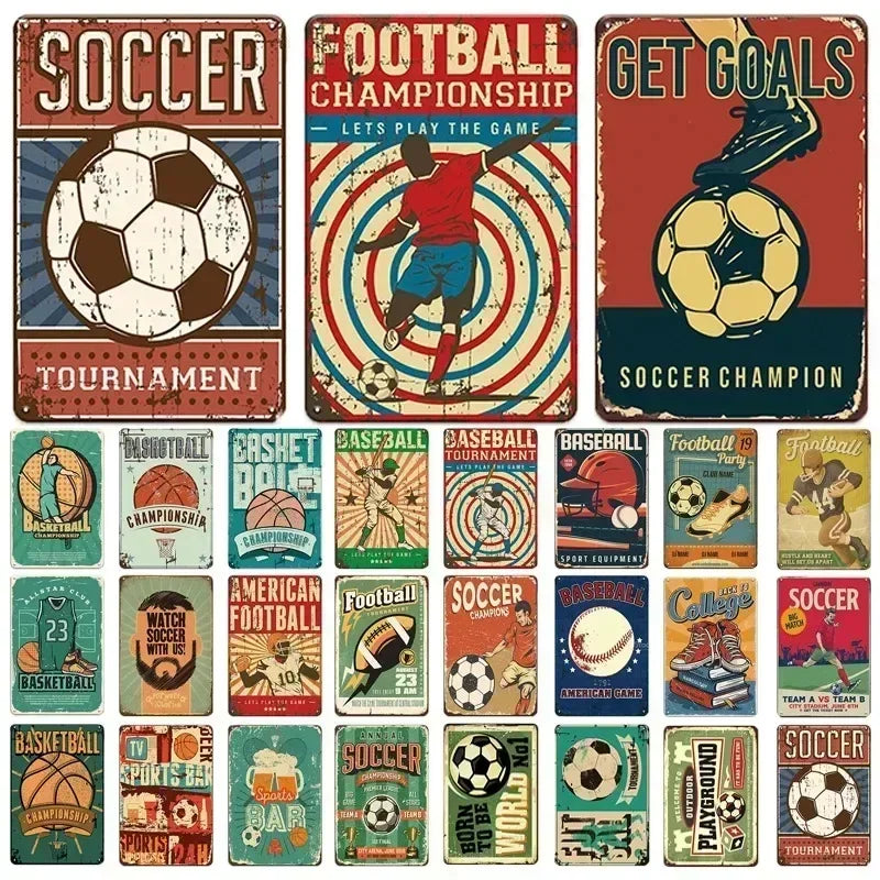 Vintage Sports Metal Sign: Football & Basketball Decor