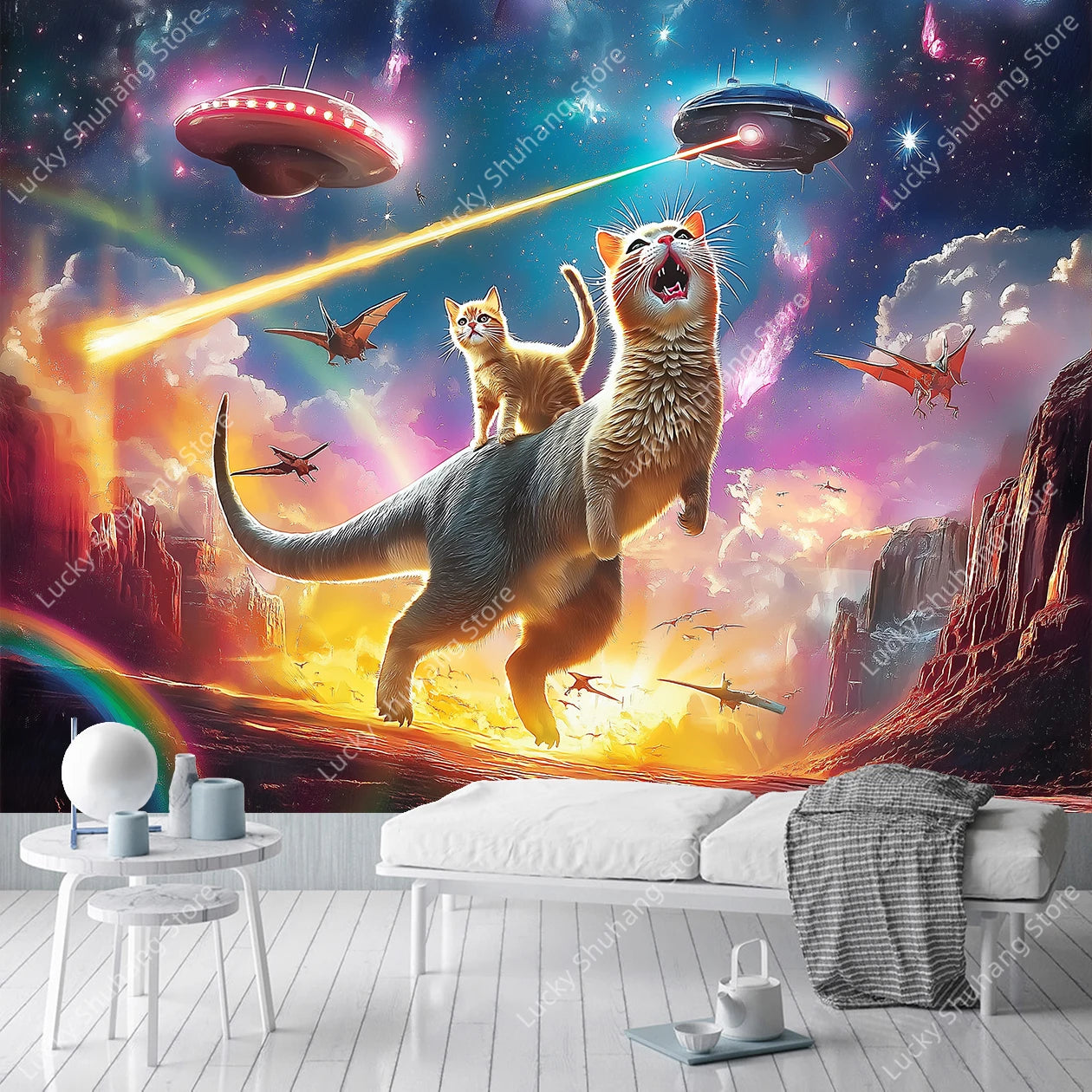 Cosmic Cats Dinosaur UFO Tapestry for Bedroom Decor