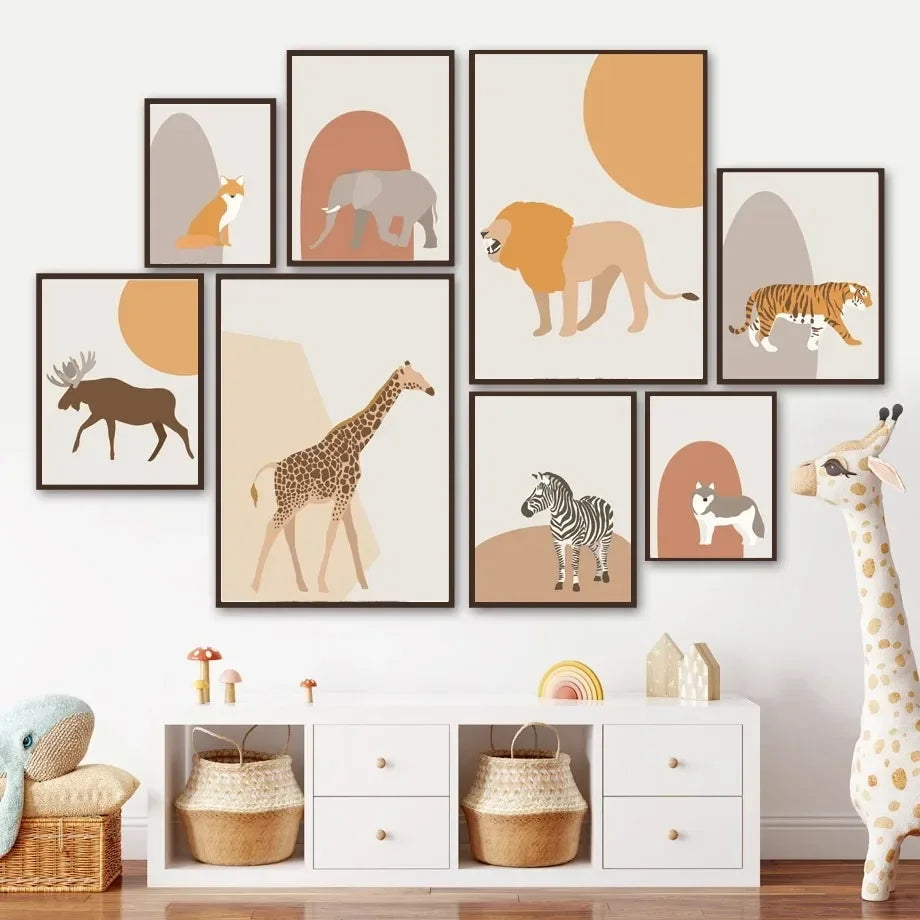 Safari Animal Canvas Art: Lion, Giraffe, Elephant, Zebra