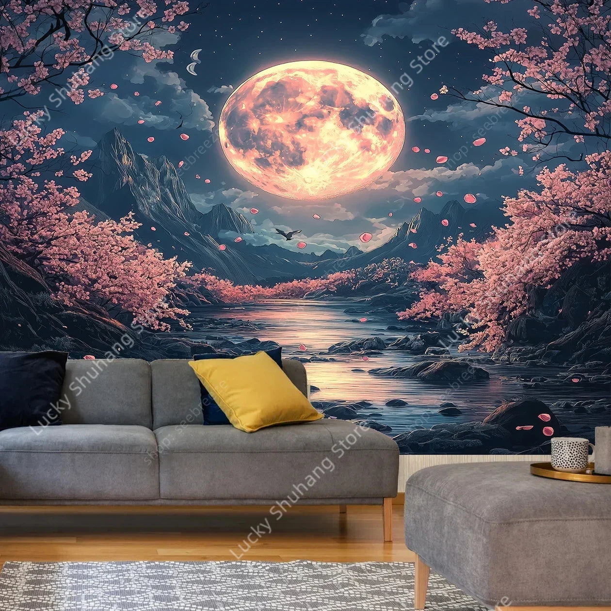 Cherry Blossom Moon Tapestry - Zen Japanese Wall Art Decor