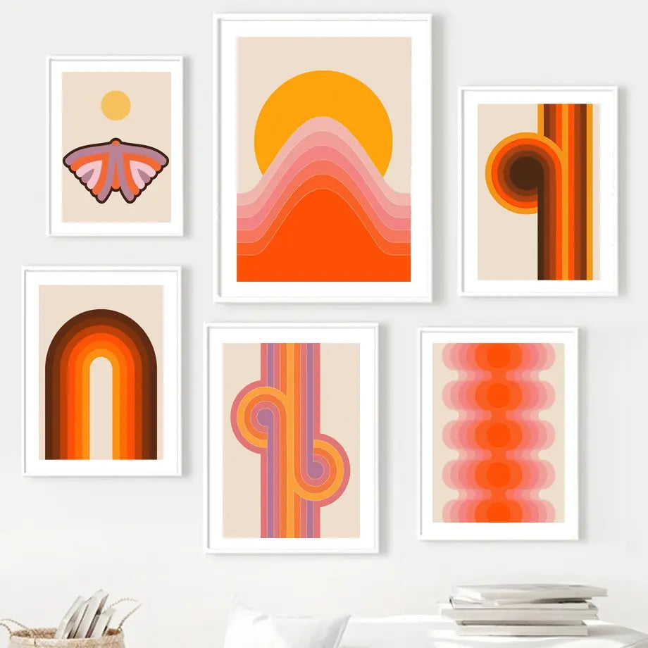 Boho Retro Art Prints: Sunset, Lips, Rainbow, Butterfly