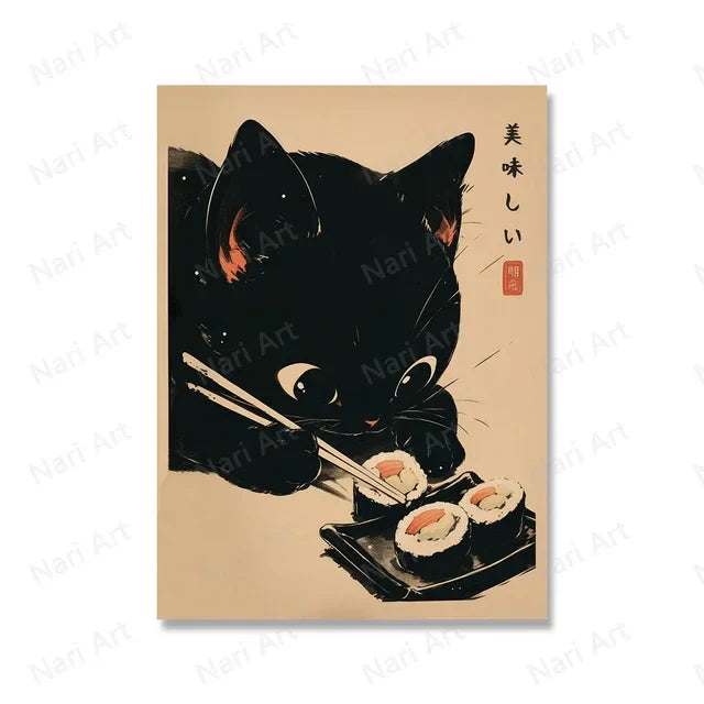 Japanese Sushi Cat Wall Art - Kitchen Bar Decor Poster