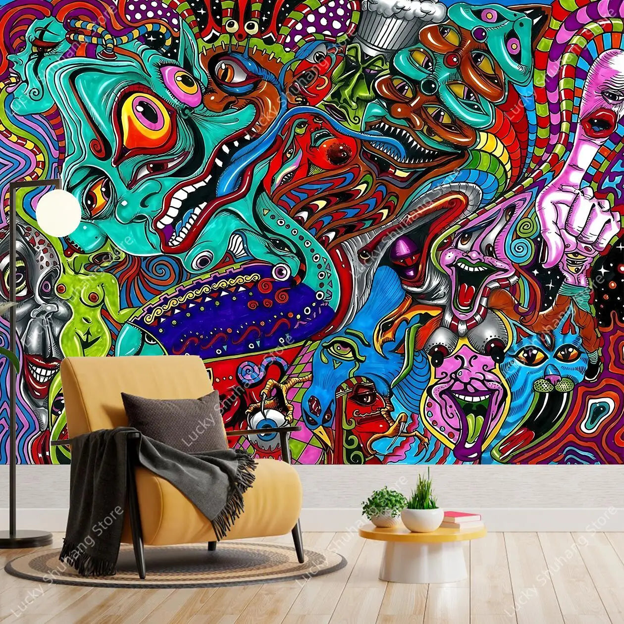Neon Fantasy Creatures Tapestry - Psychedelic Wall Art Decor