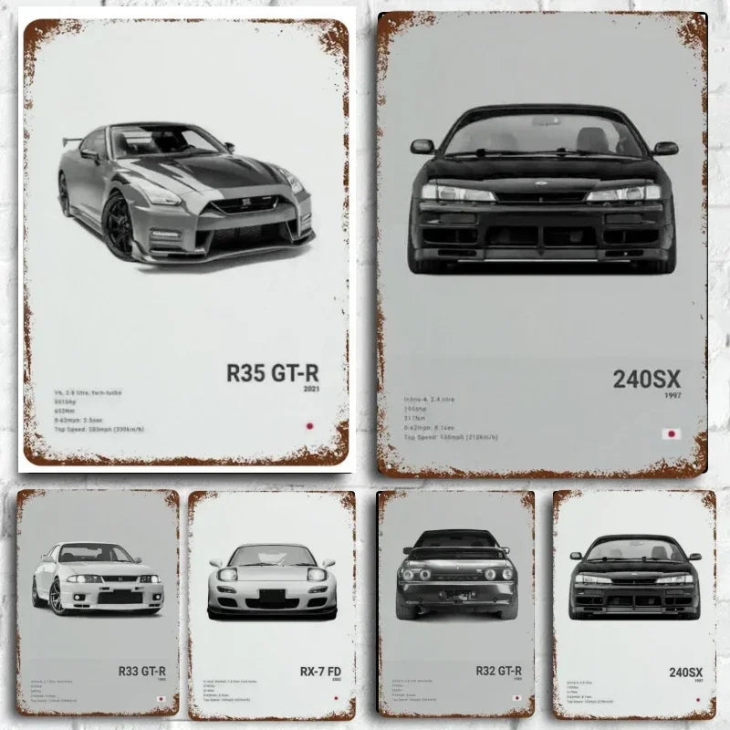 Black & White JDM Car Wall Art: R34 GTR, 240SX Decor