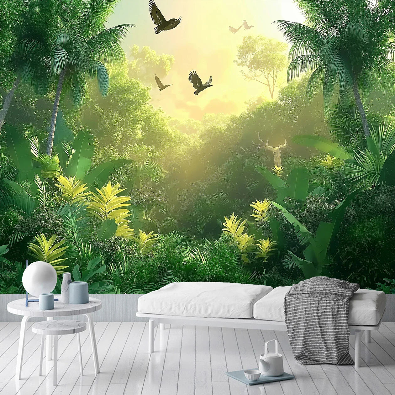 Tropical Rainforest Tapestry: Palm Trees & Birds Decor