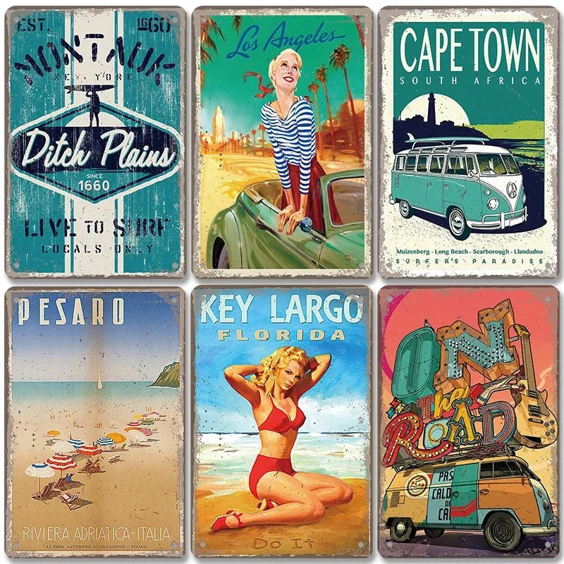 Vintage Beach Bus Metal Sign - Retro Summer Wall Decor