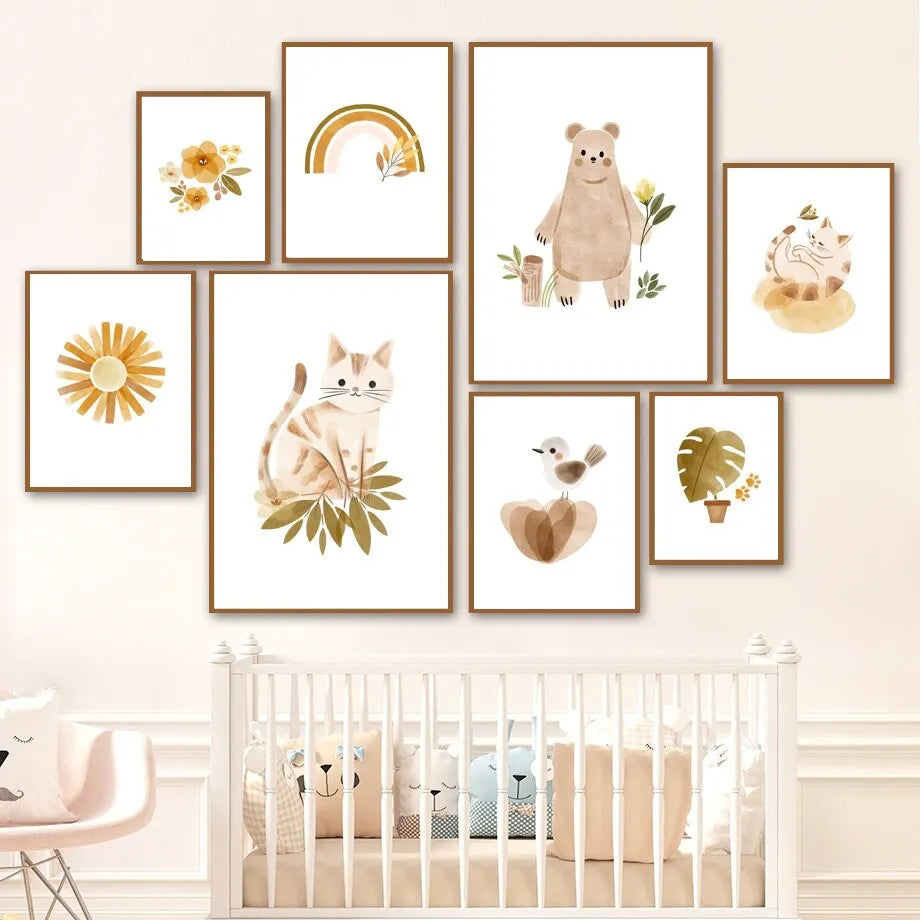 Boho Nursery Wall Art: Cat Bird Bear Canvas Prints