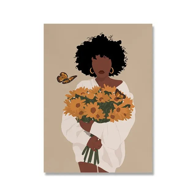 Boho Black Woman Flower Canvas Art for Living Room