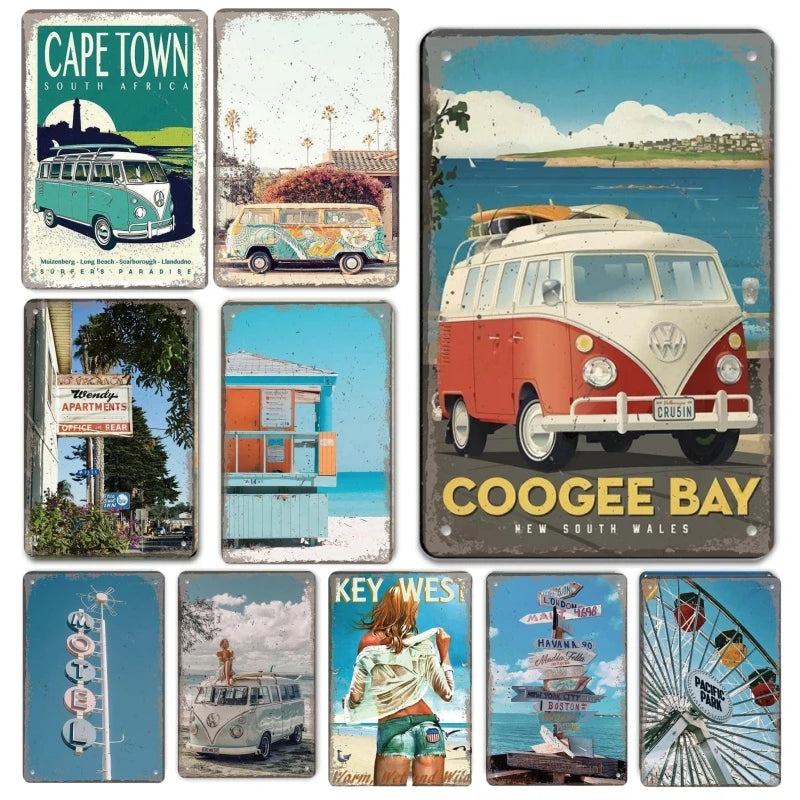 Vintage Beach Bus Metal Sign - Retro Summer Wall Decor