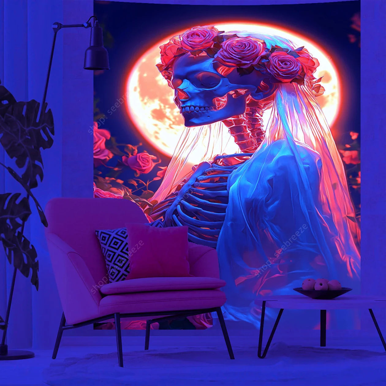 Gothic Skull Bride Floral Tapestry Wall Art Decor