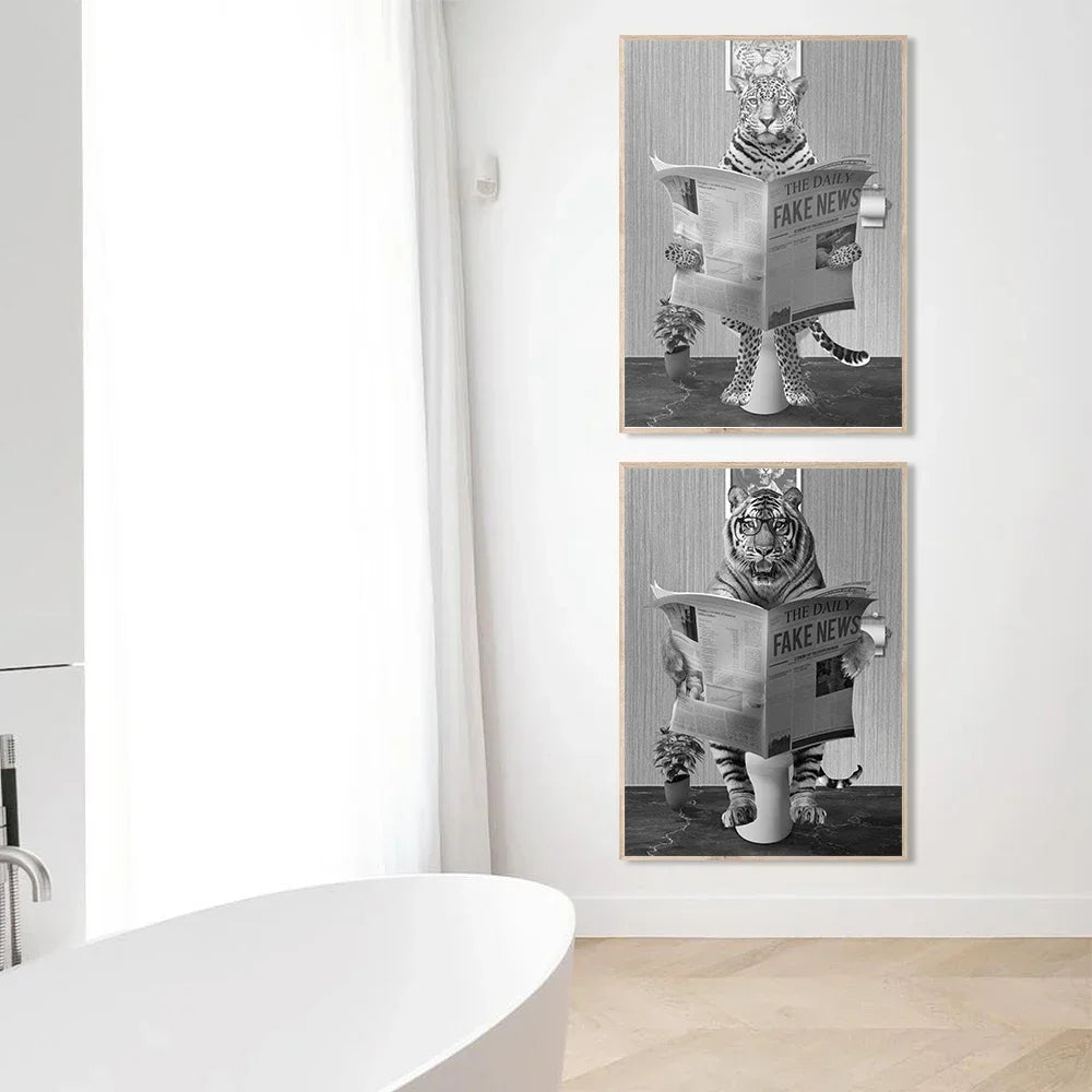 Tiger Reading Newspaper Canvas Art - Funny Animal Decor