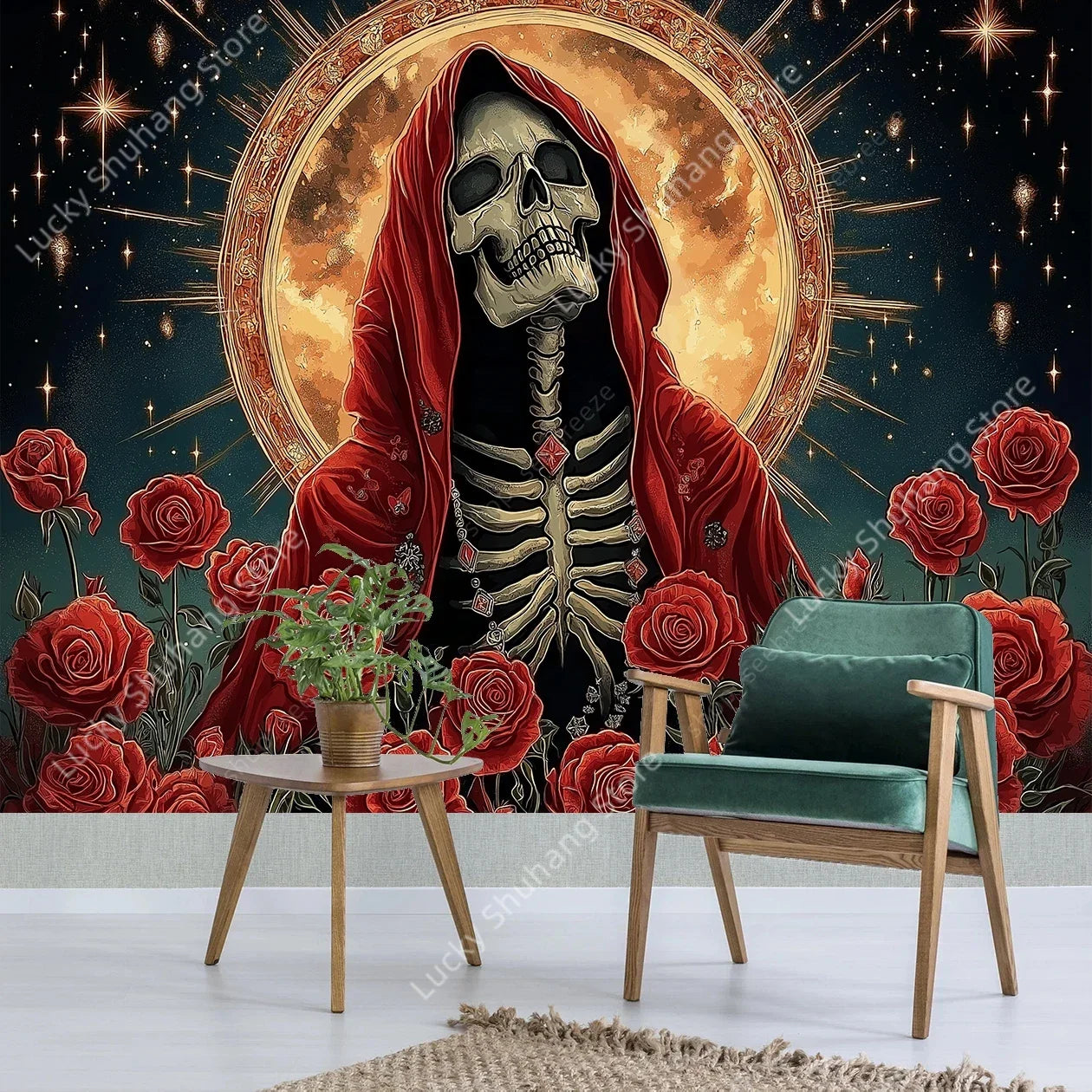 Gothic Skull Tapestry: Red Cloak & Roses Decor