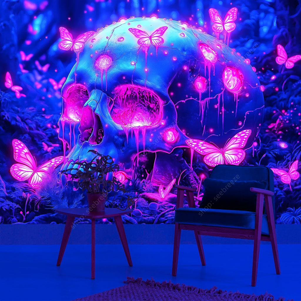 UV Skull Tapestry: Neon Forest Butterflies & Mushrooms