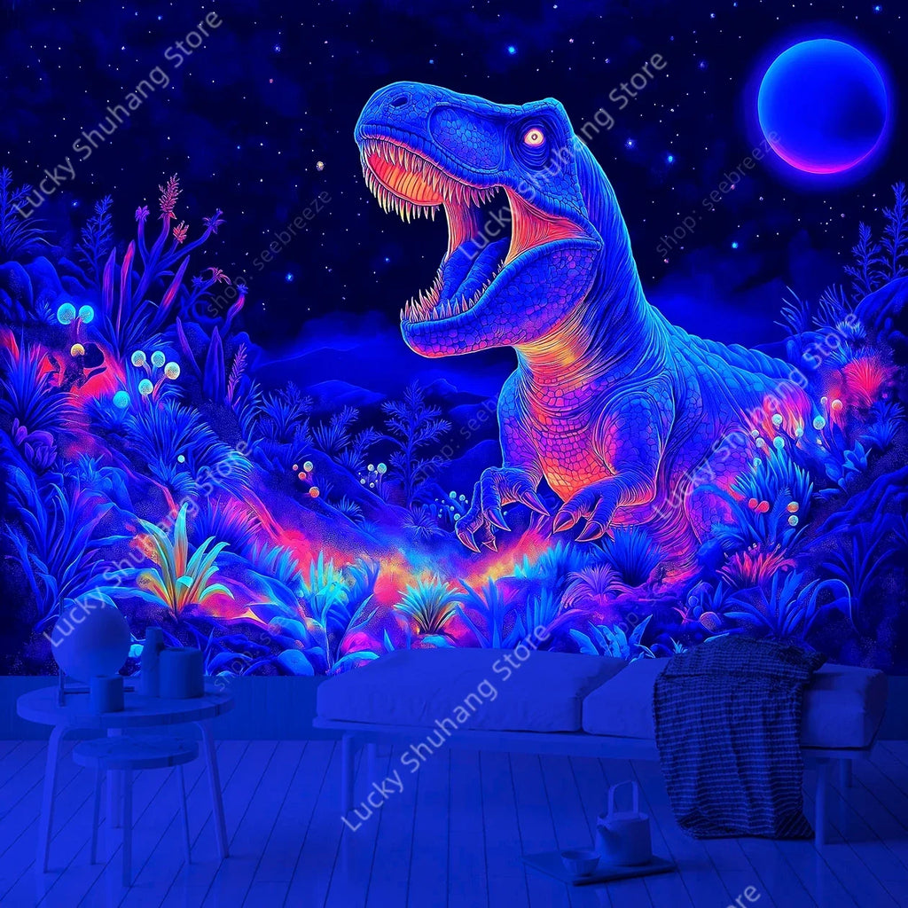 Neon Dinosaur Tapestry: UV Reactive T-Rex Wall Art Decor