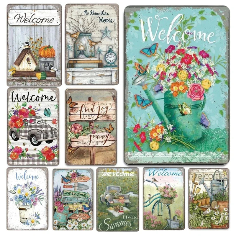 Vintage Metal Welcome Sign: Flowers & Birds Decor