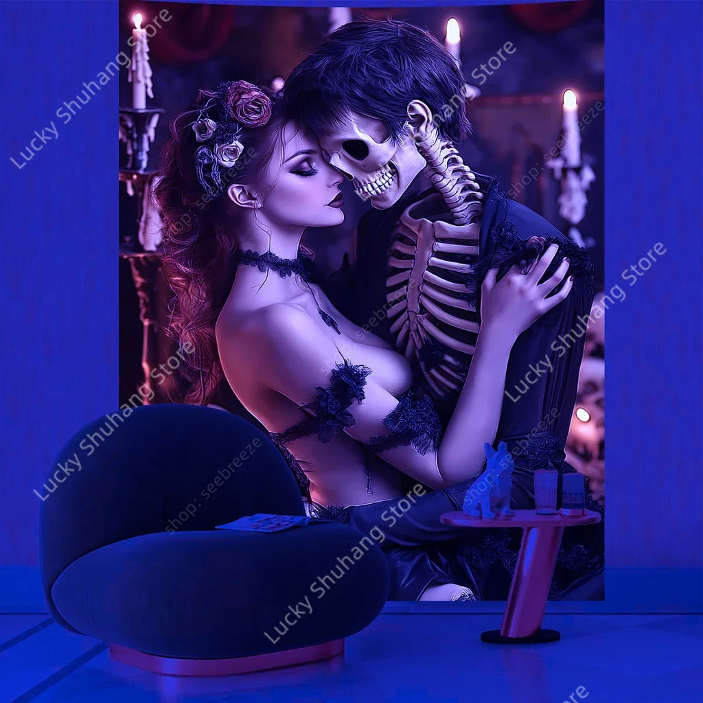 Gothic Skull Couple Tapestry: Dark Bohemian Wall Art
