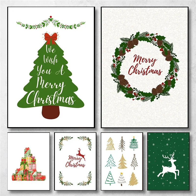 Christmas Tree Deer Canvas Art Poster Wall Decor