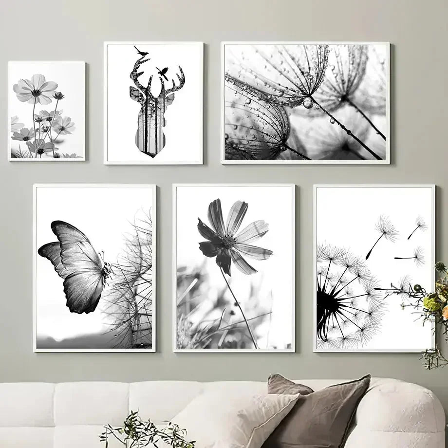 Black & White Floral Butterfly Canvas Art for Home Decor