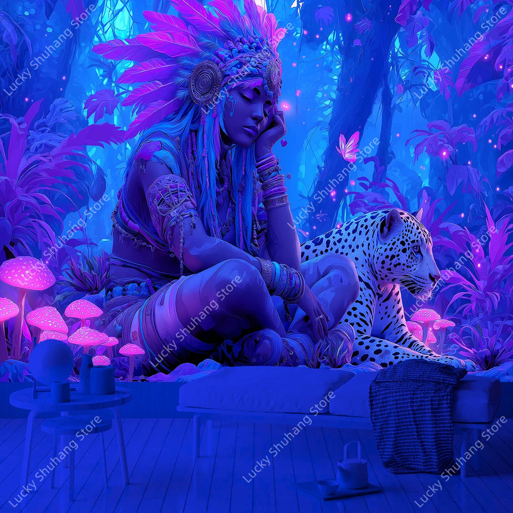 Shaman Woman UV Tapestry: Boho Jungle Wall Art Decor