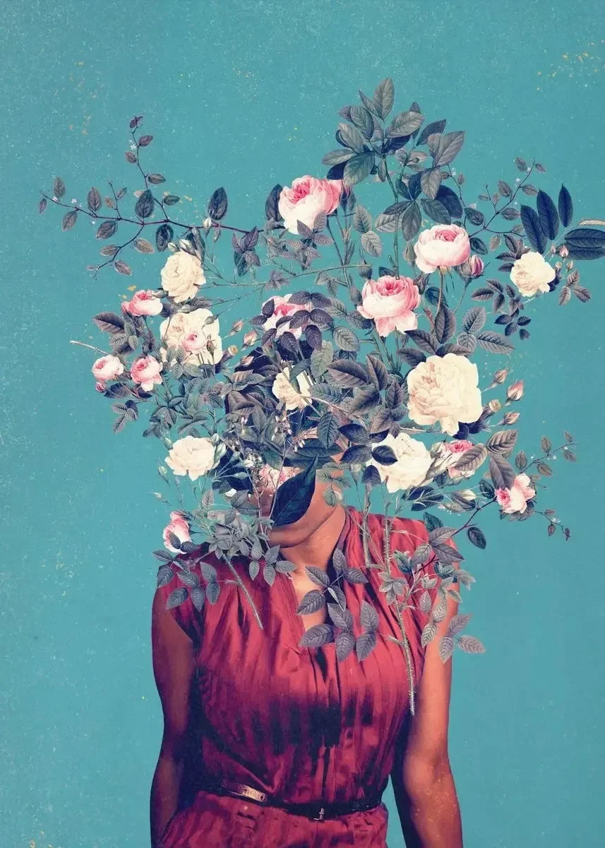 Rose Woman Portrait Canvas Art - Floral Wall Decor Print