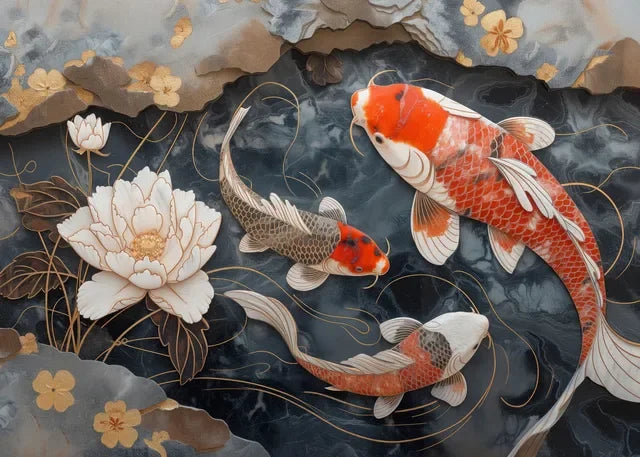 Dragon Koi Peony Canvas Art - Oriental Wall Decor Print