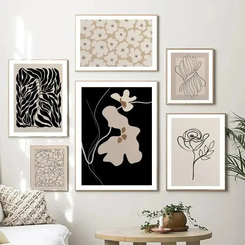 Boho Black Beige Floral Line Art Canvas Prints Decor