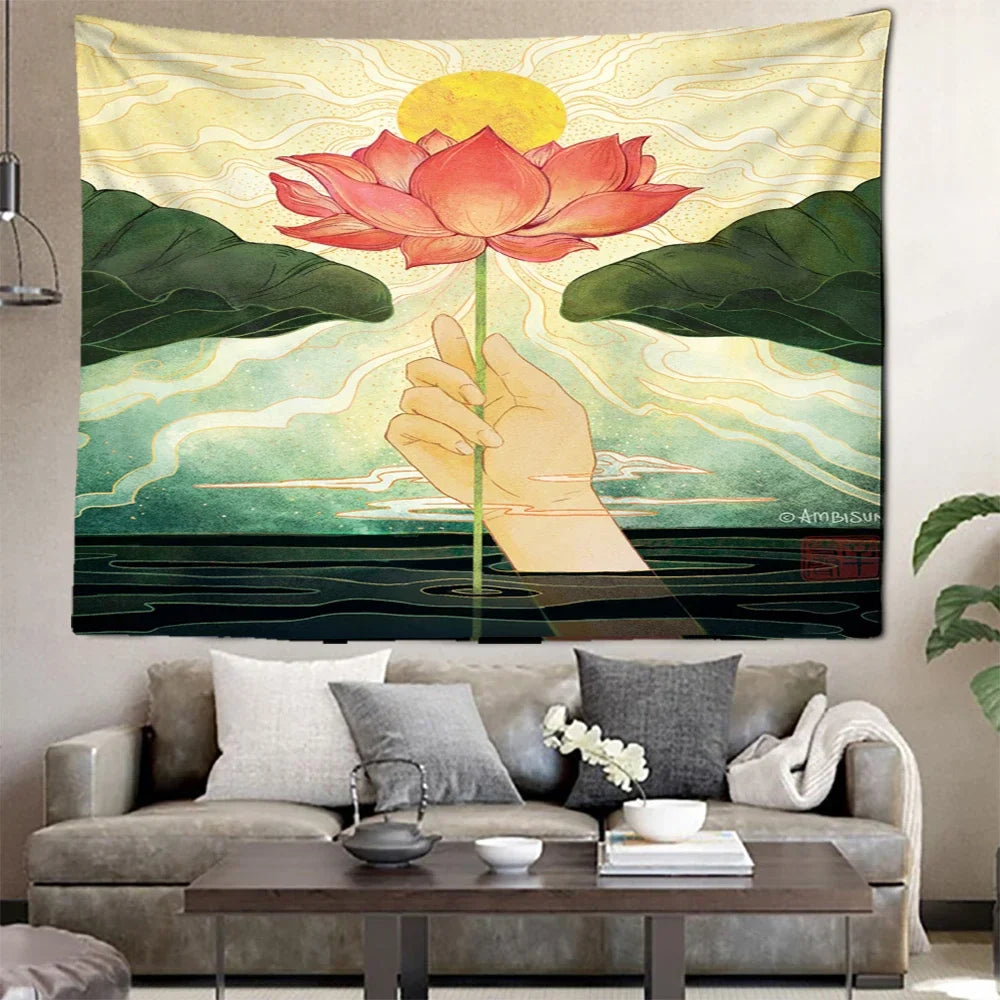 Lotus Canvas Tapestry Wall Art for Living Room Decor
