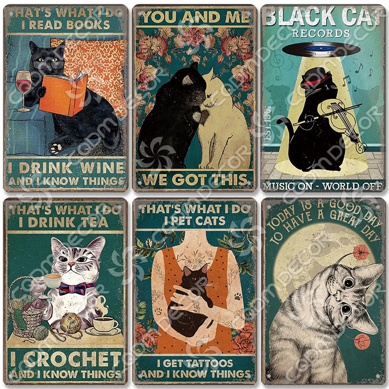 Vintage Black Cat Metal Sign: Books, Wine, Home Decor