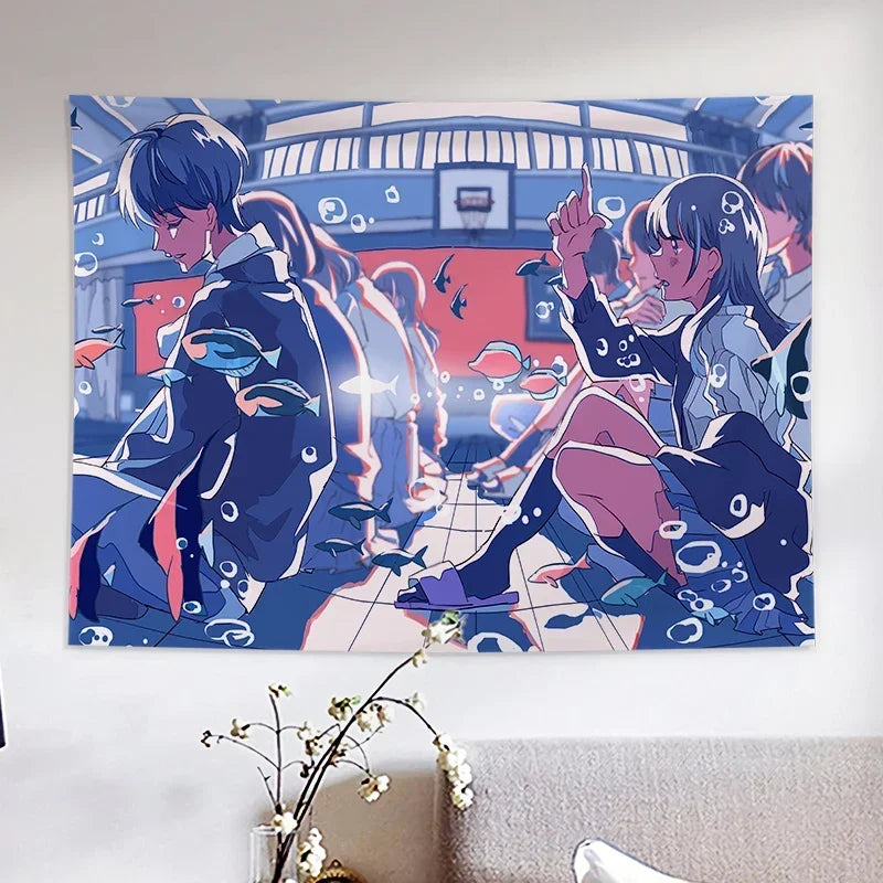 Anime Whale City Tapestry - Kawaii Wall Decor