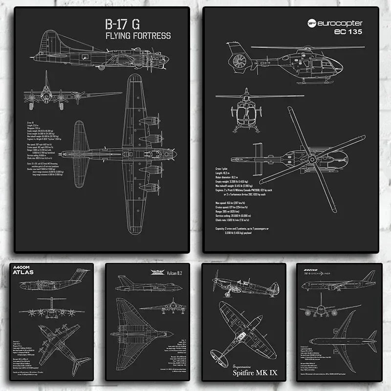 Aviation Blueprint Canvas Art for Living Room Decor