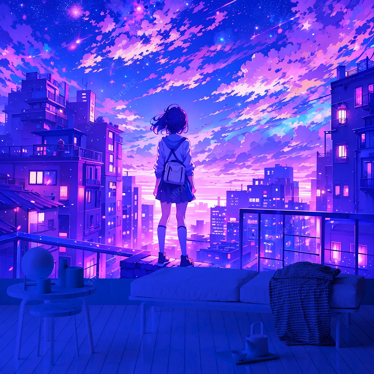 Cyberpunk UV Reactive Cityscape Tapestry Wall Decor