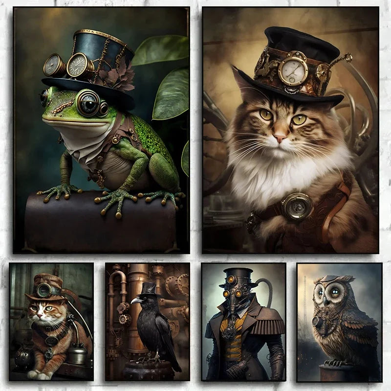 Steampunk Animal Canvas Art: Cat, Owl, Frog Prints Decor