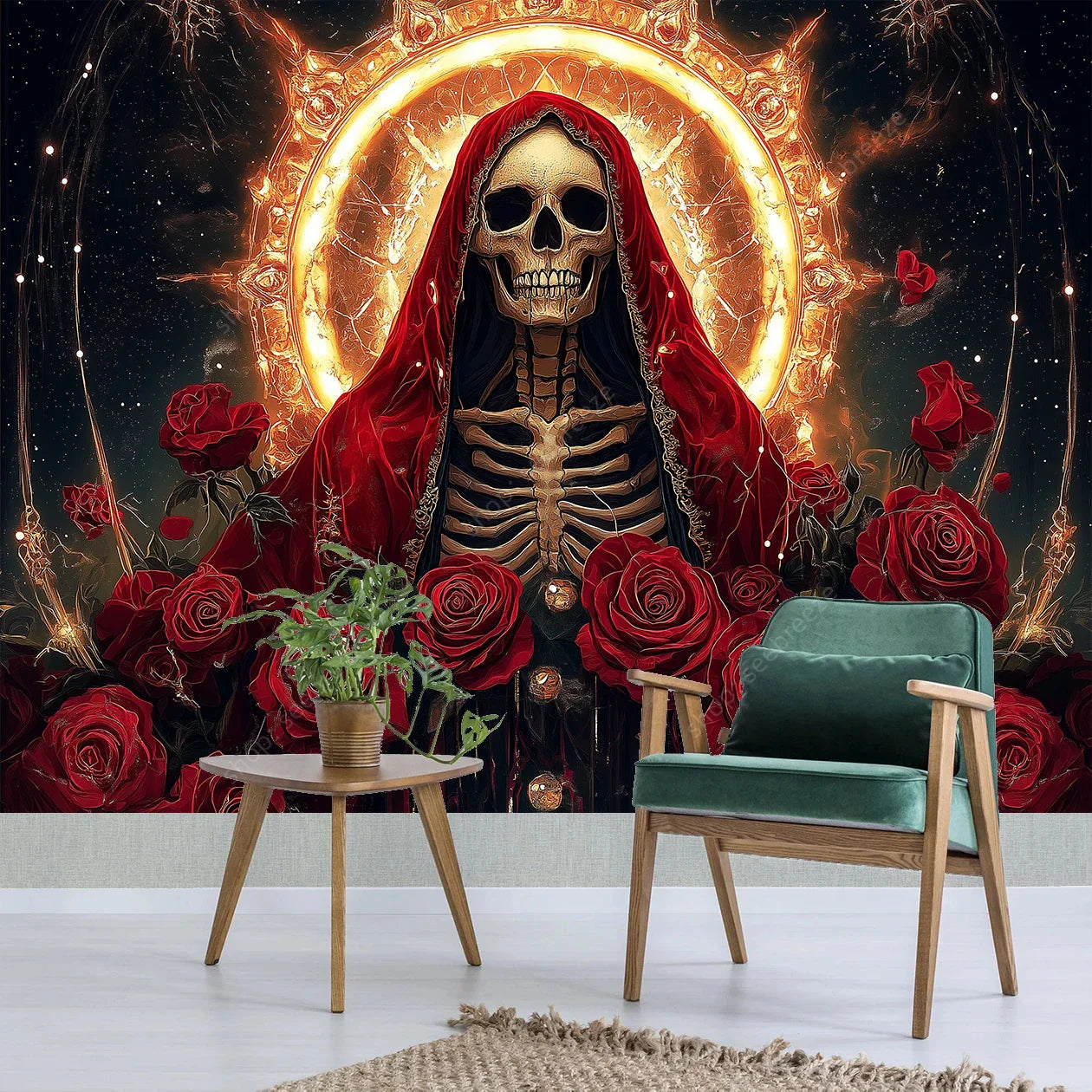 Gothic Skull Tapestry: Red Cloak & Roses Decor
