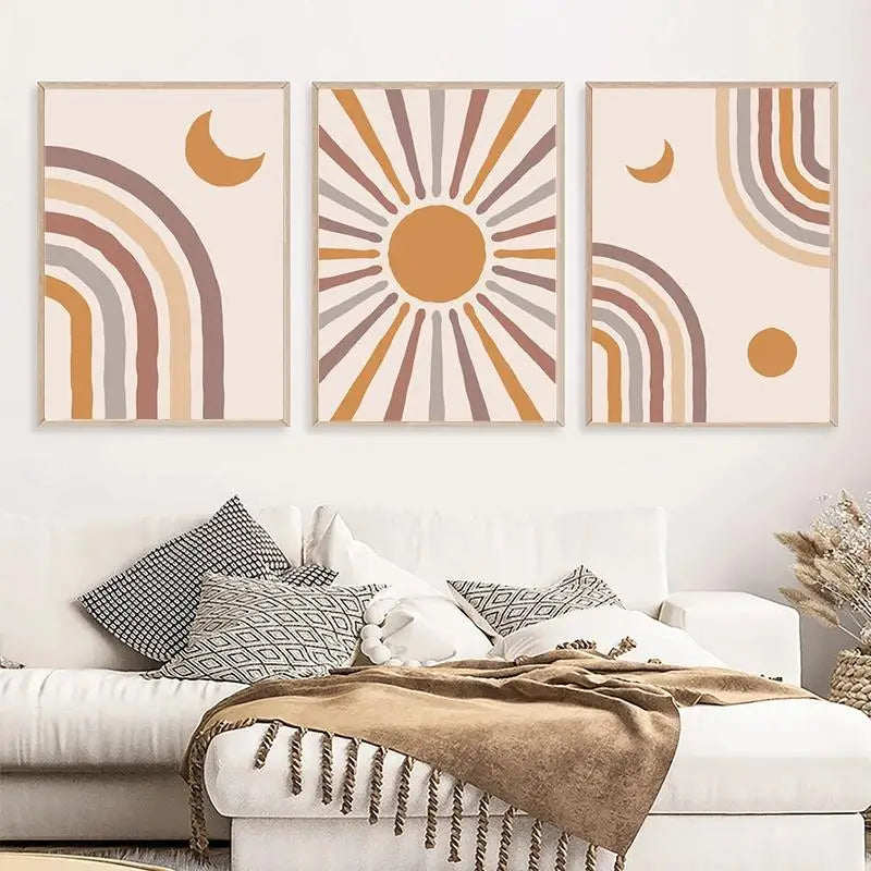 Boho Sun Moon Rainbow Canvas Art - MidCentury Wall Decor