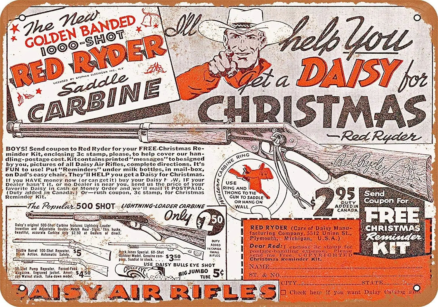 Vintage 1940 Daisy Red Ryder BB Gun Metal Sign