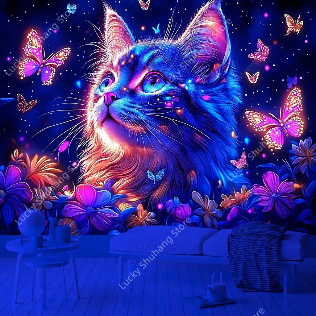 Cat Butterfly Flower Tapestry Bohemian Wall Art Decor