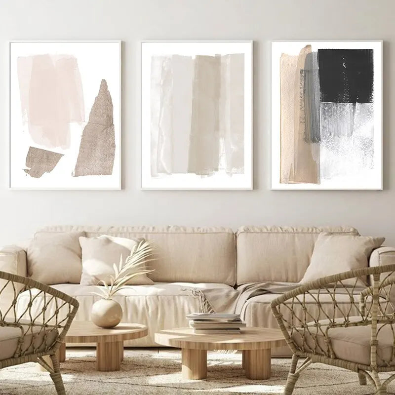 Boho Abstract Watercolor Canvas Art - Beige Pink Black Gray