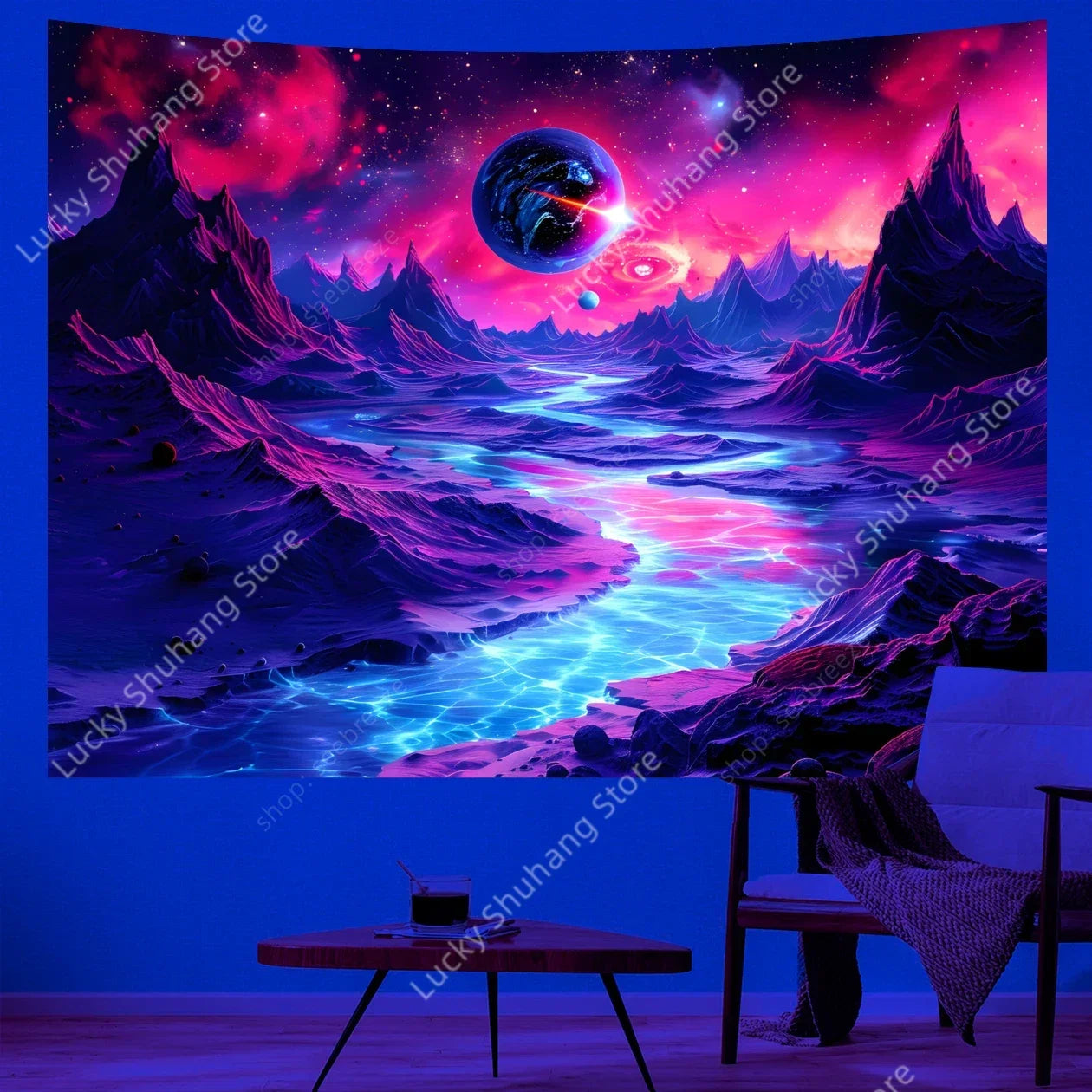 Neon Psychedelic Mountain River UV Tapestry Wall Decor