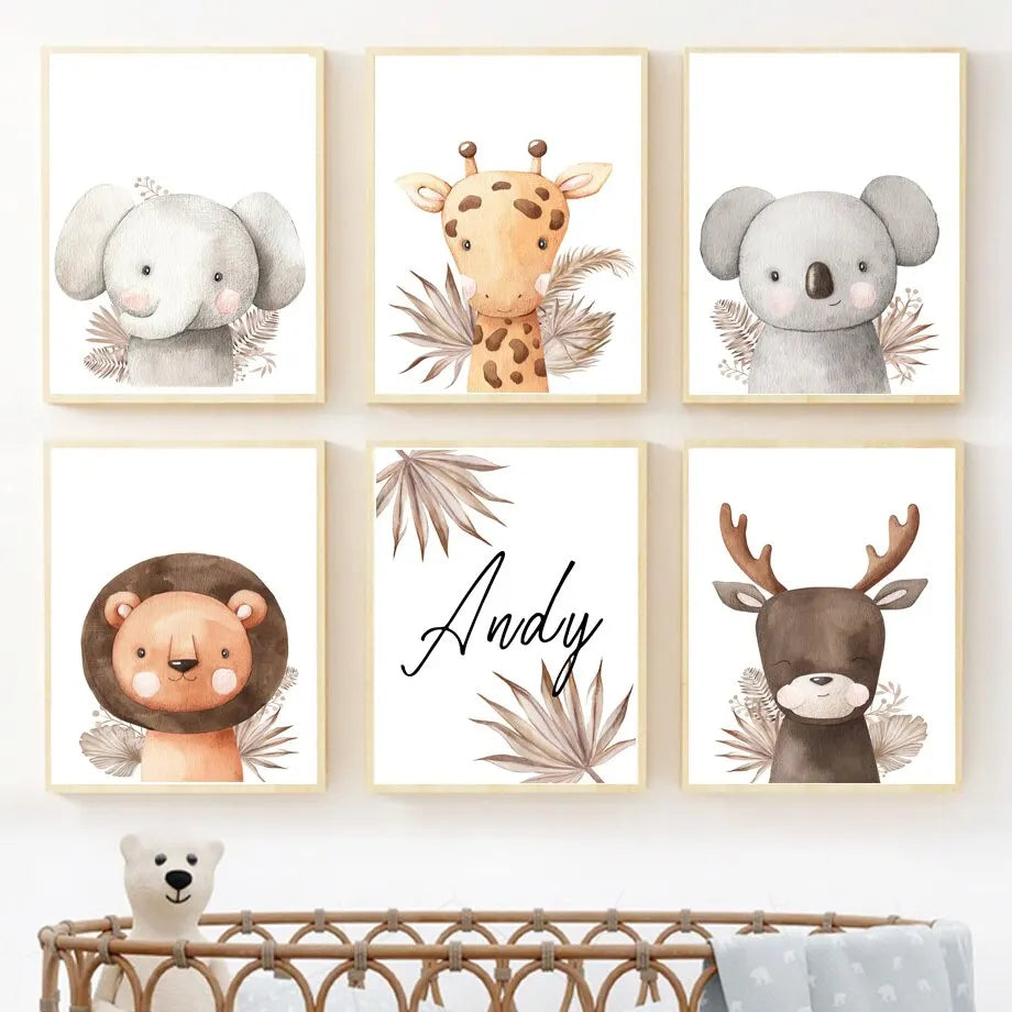 Boho Animal Canvas Prints: Elephant, Giraffe, Koala Decor
