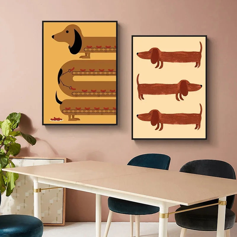 Kawaii Dachshund Dog Canvas Art for Kids Room Decor