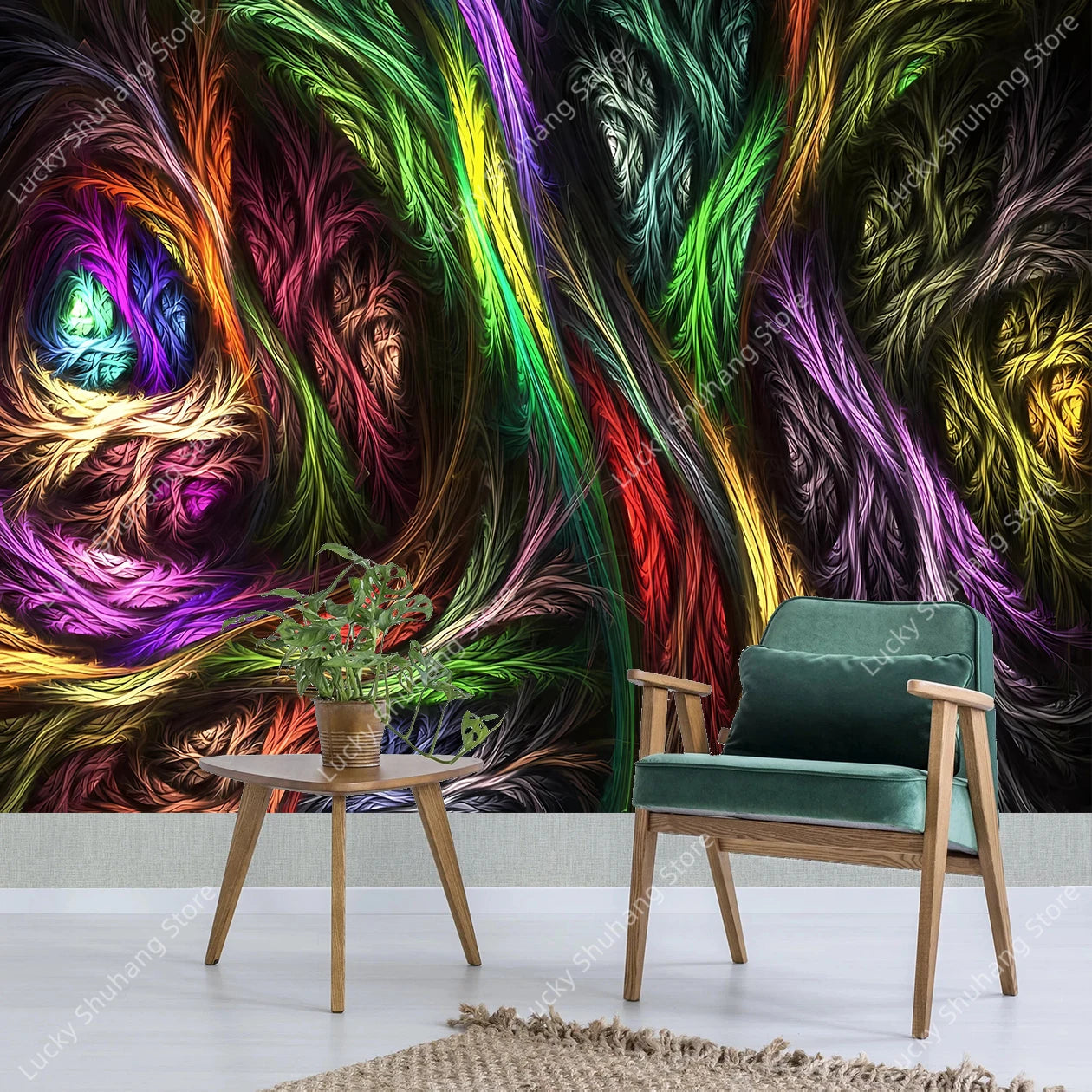 Bohemian Wool Tapestry: Neon Floral Swirl Wall Art