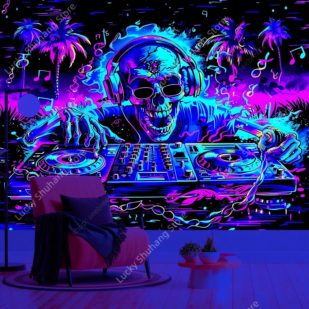 DJ Skull UV Tapestry: Bohemian Music Festival Decor
