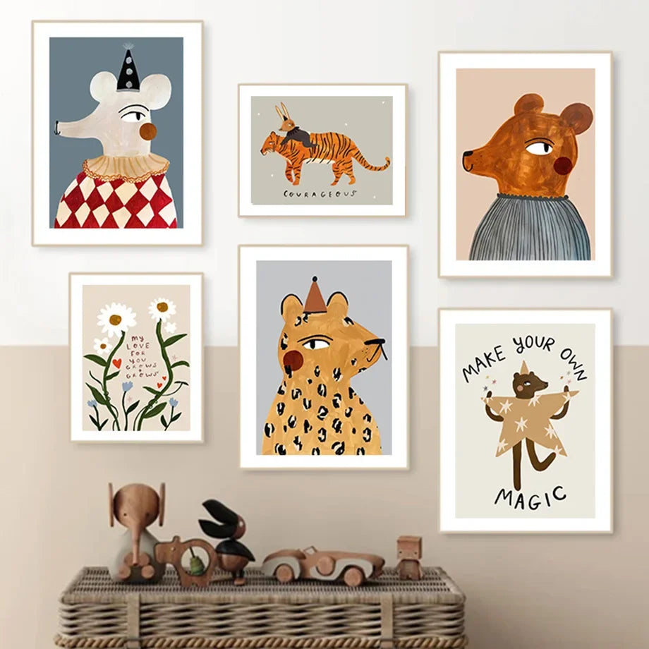 Rainbow Animal Wall Art Canvas for Kids Room Decor