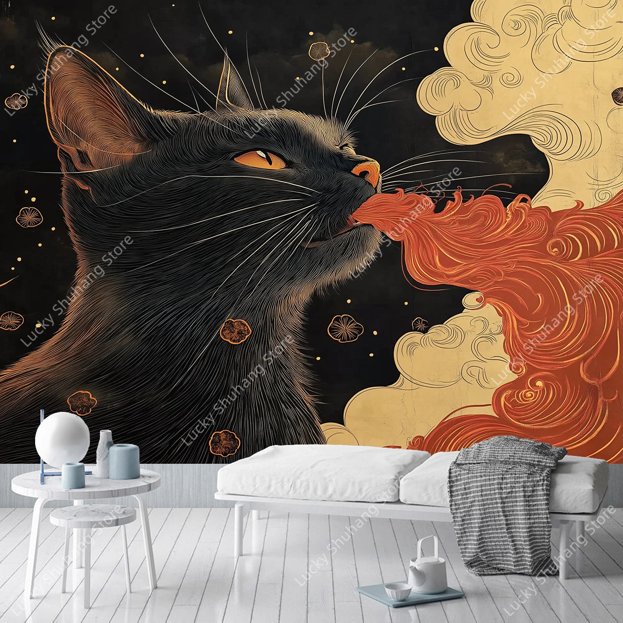 Black Cat Bohemian Tapestry Wall Art - Earth Tones Decor