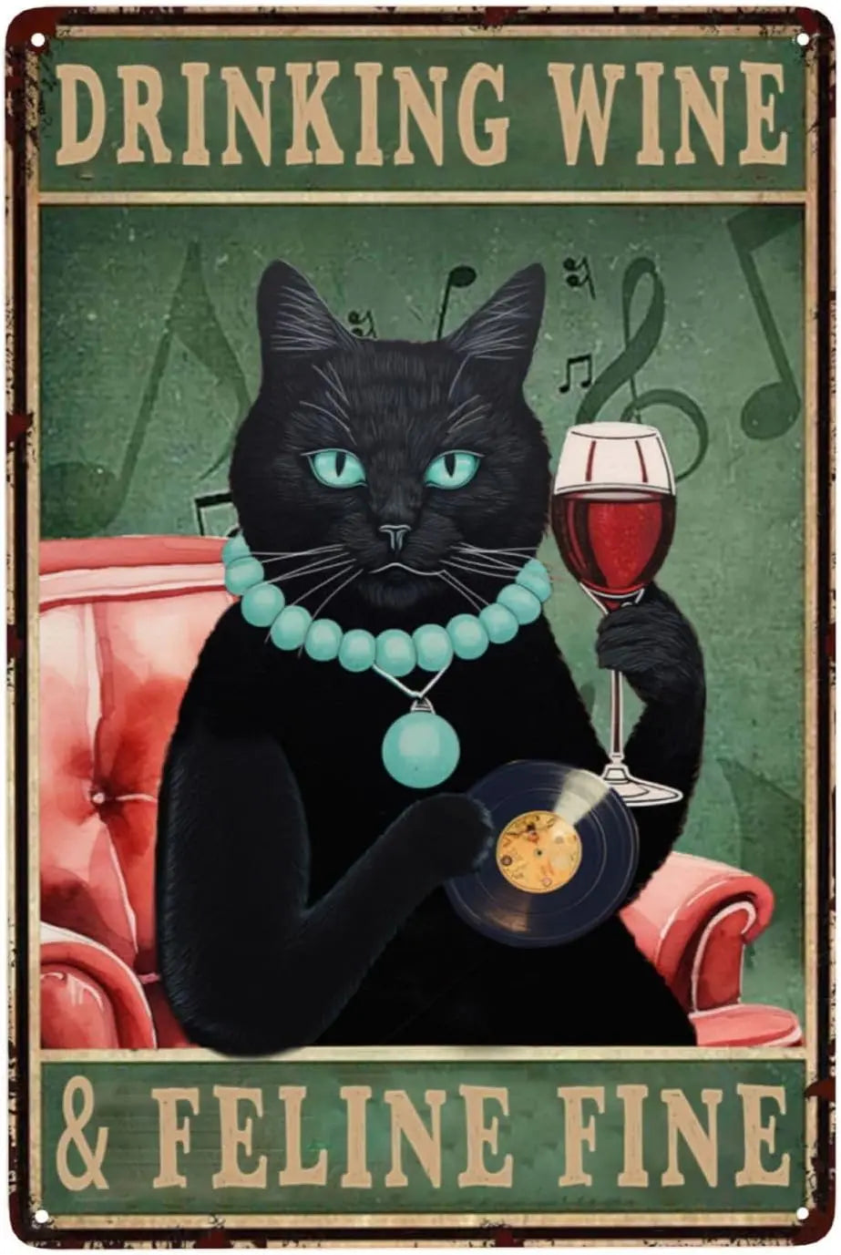 Wine & Cat Tin Poster - Bar Decor & Pet Lover Gift